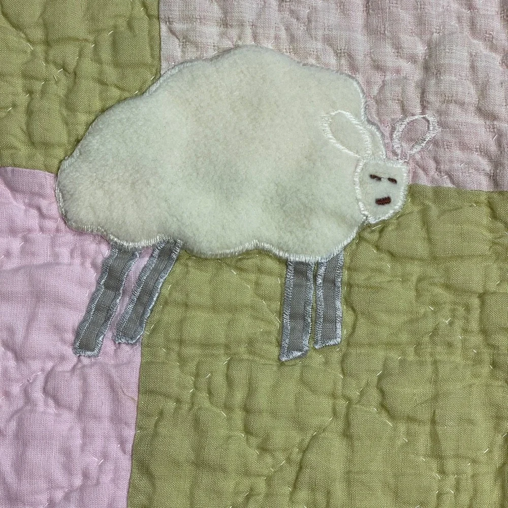 Baby Toddler Quilt Sheep Applique Pink Green Patchwork Gingham Nursery 50x35